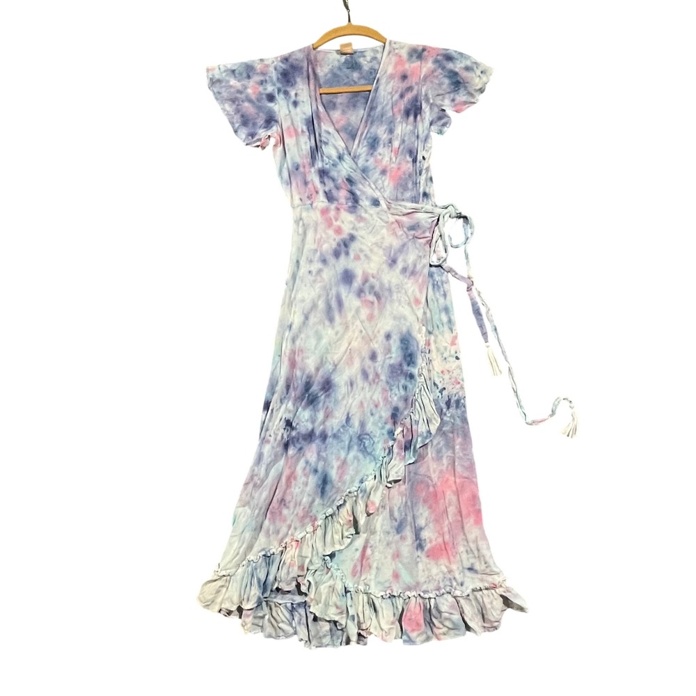 Paradise Island Tie Dye Wrap Dress Womens XS/S Blue Pink Ruffle Boho Goddess
